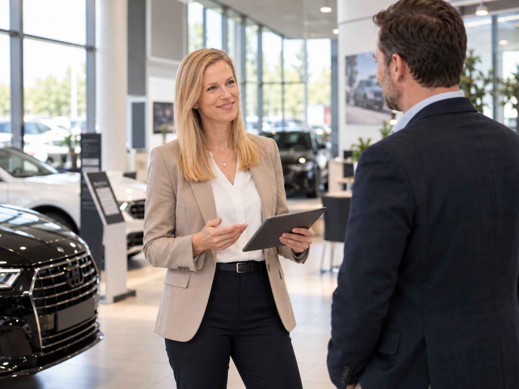 Geschäftsführerin Katharina Heid mit Tablet im Gespräch mit einem Autohaus-Inhaber im Showroom