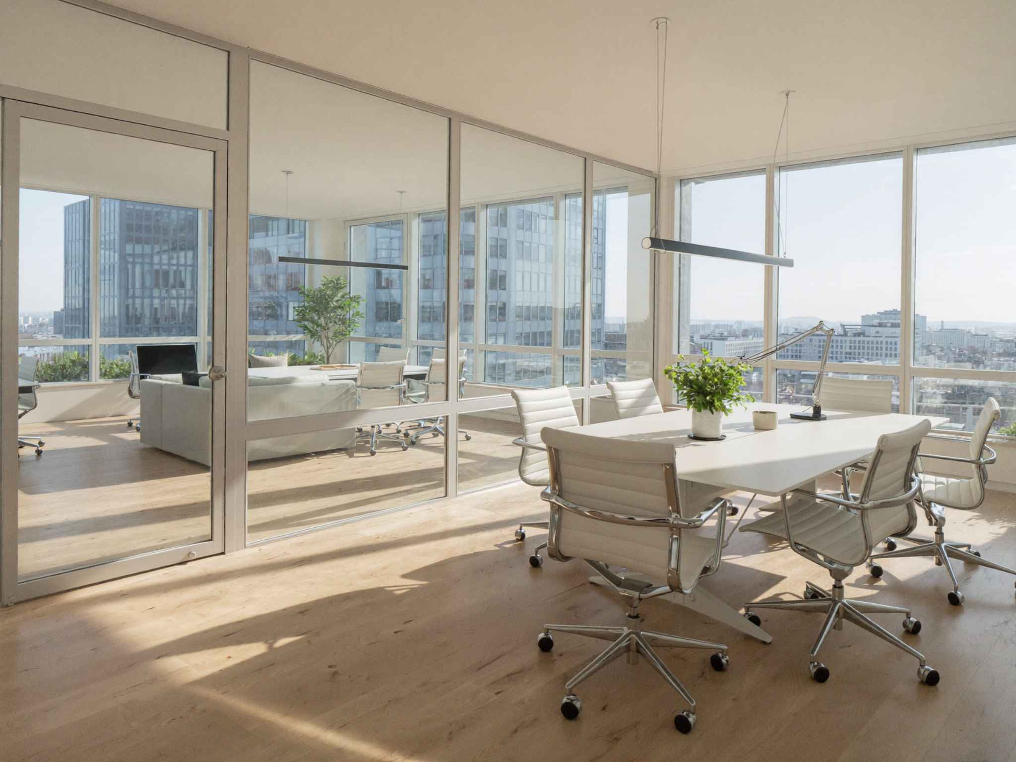 Helle Bürofläche mit Besprechungsraum, Glaswänden und großer Fensterfront.