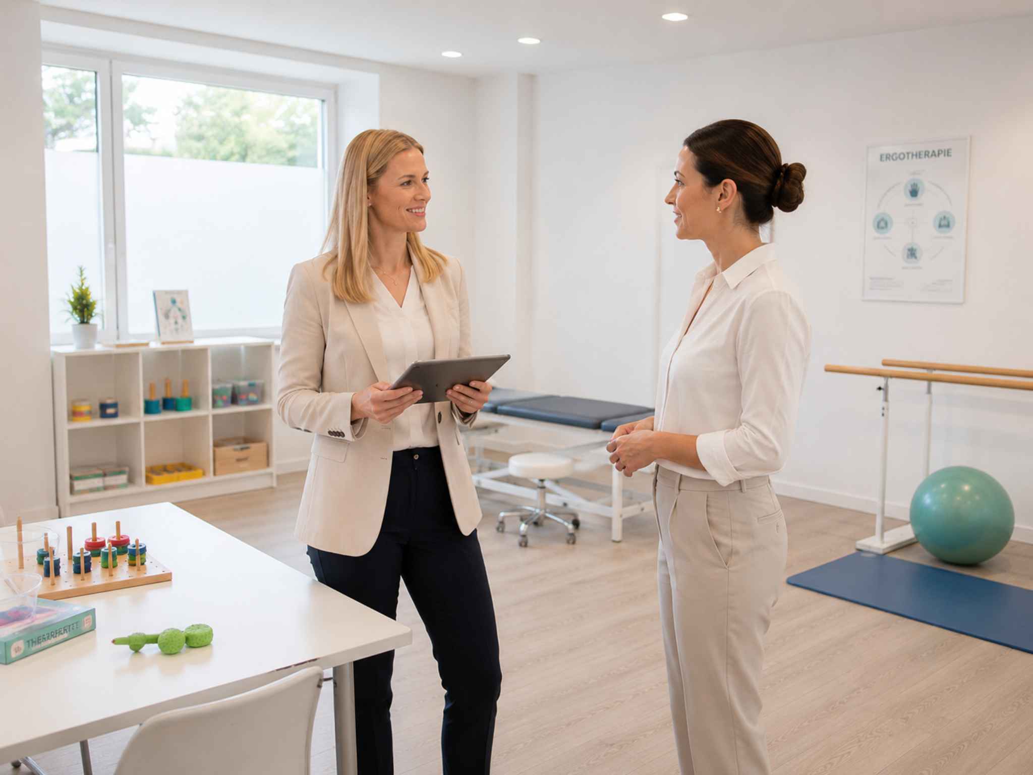Katharina Heid im Gespräch mit einer Interessentin in einer Ergotherapiepraxis.