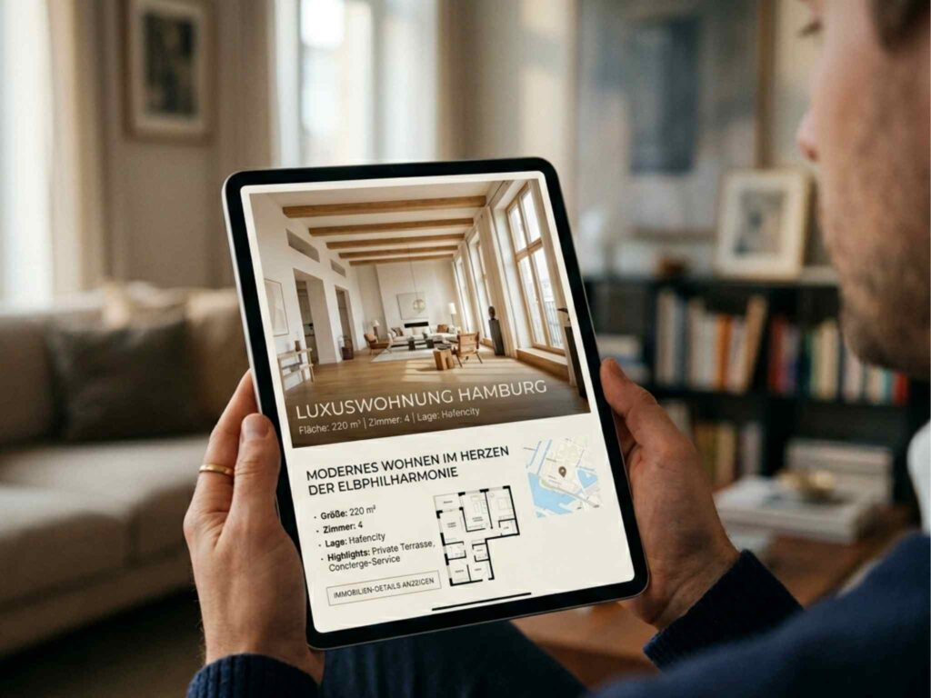 Mann betrachtet fertiges Exposé einer Luxuswohnung in Hamburg