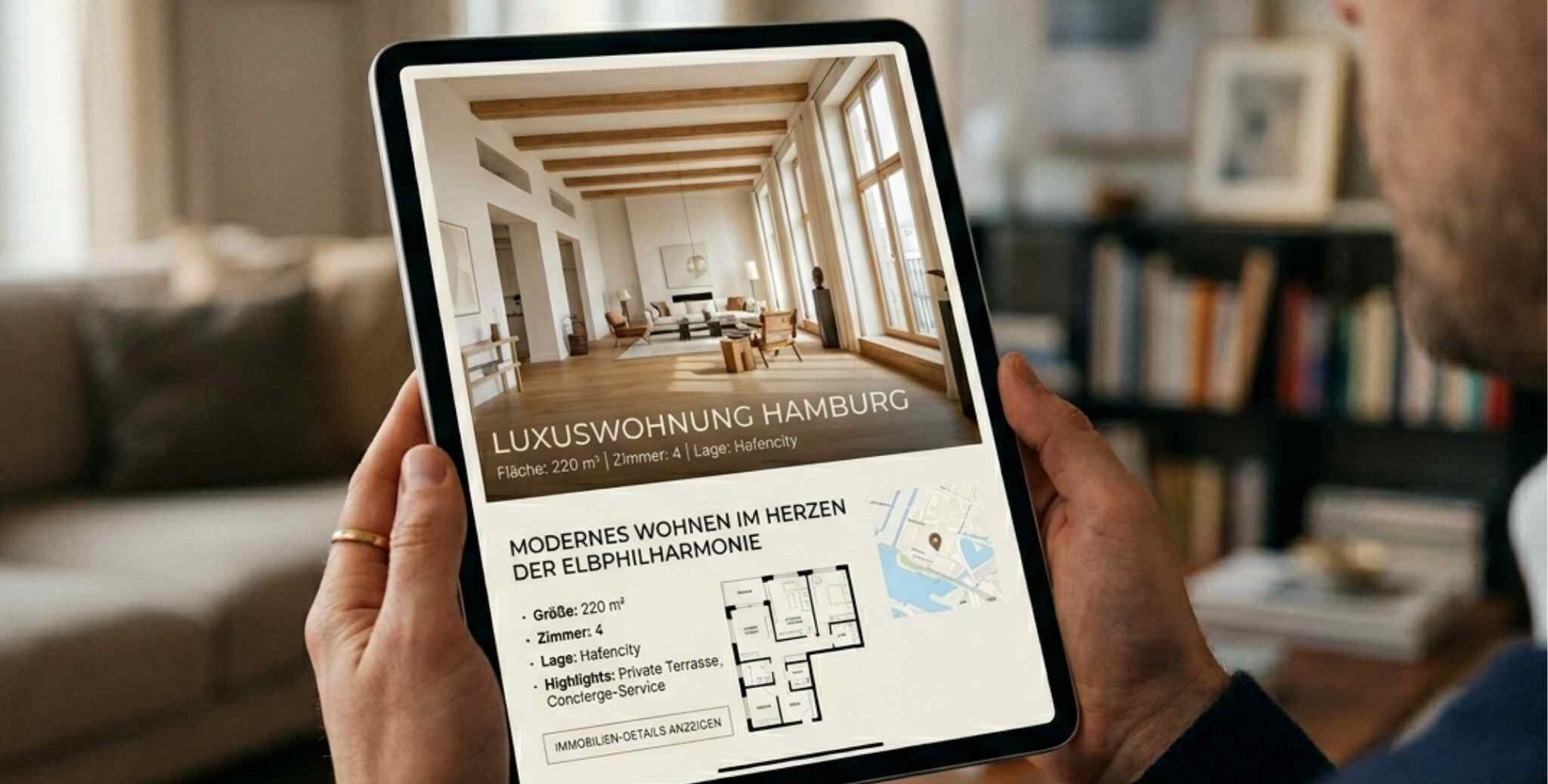 Mann betrachtet fertiges Exposé einer Luxuswohnung in Hamburg