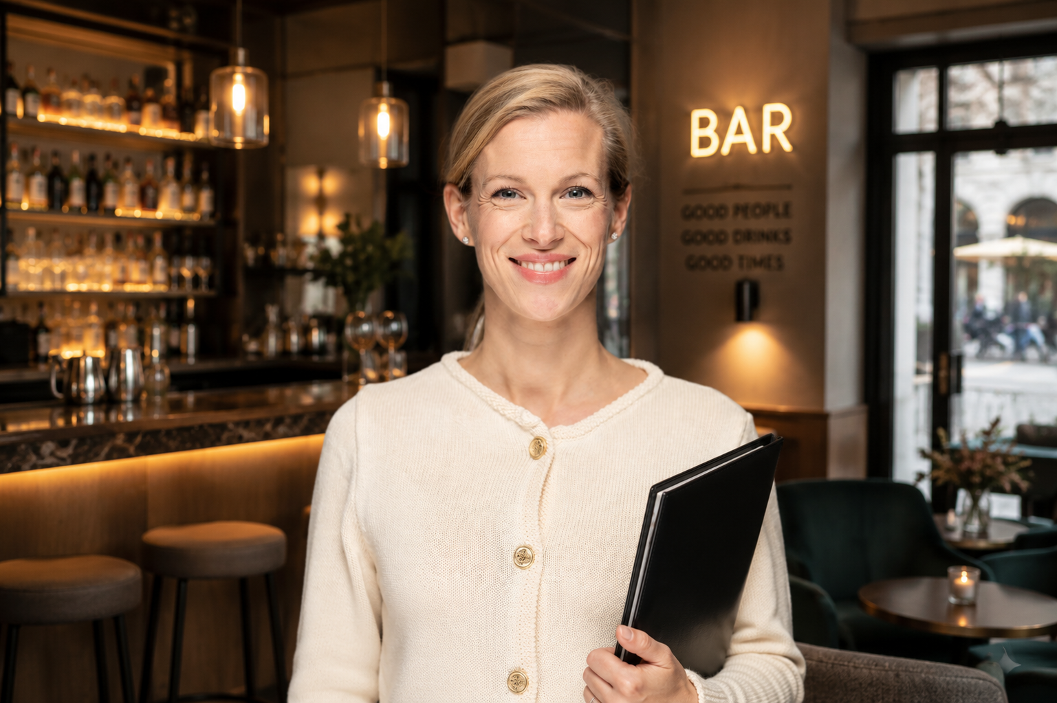 Katharina Heid mit schwarzer Mappe in einer modern eingerichteten Bar.