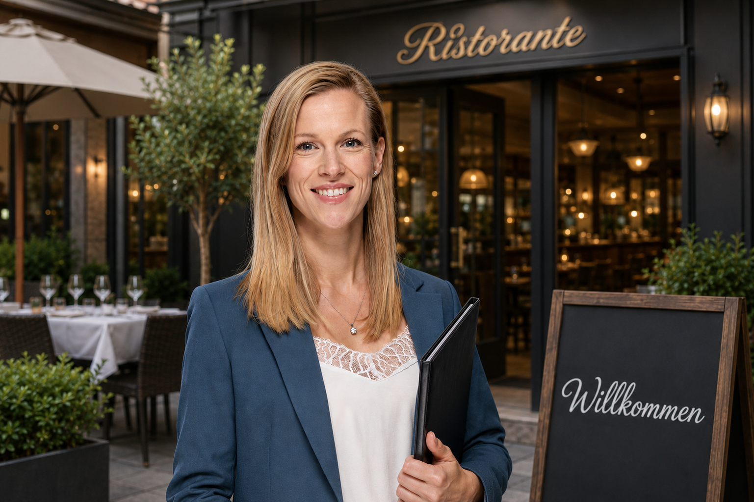 Katharina Heid mit Unterlagen vor einem Restaurant mit Willkommensschild.