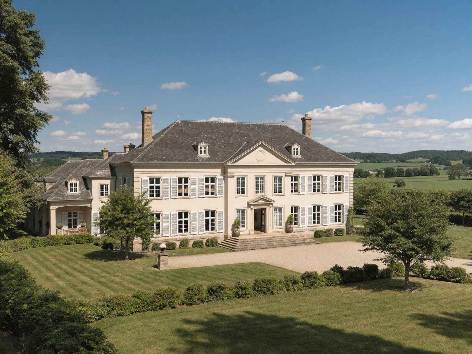 Großes historisches Gutshaus mit gepflegtem Garten und weitläufigem Grundstück.
