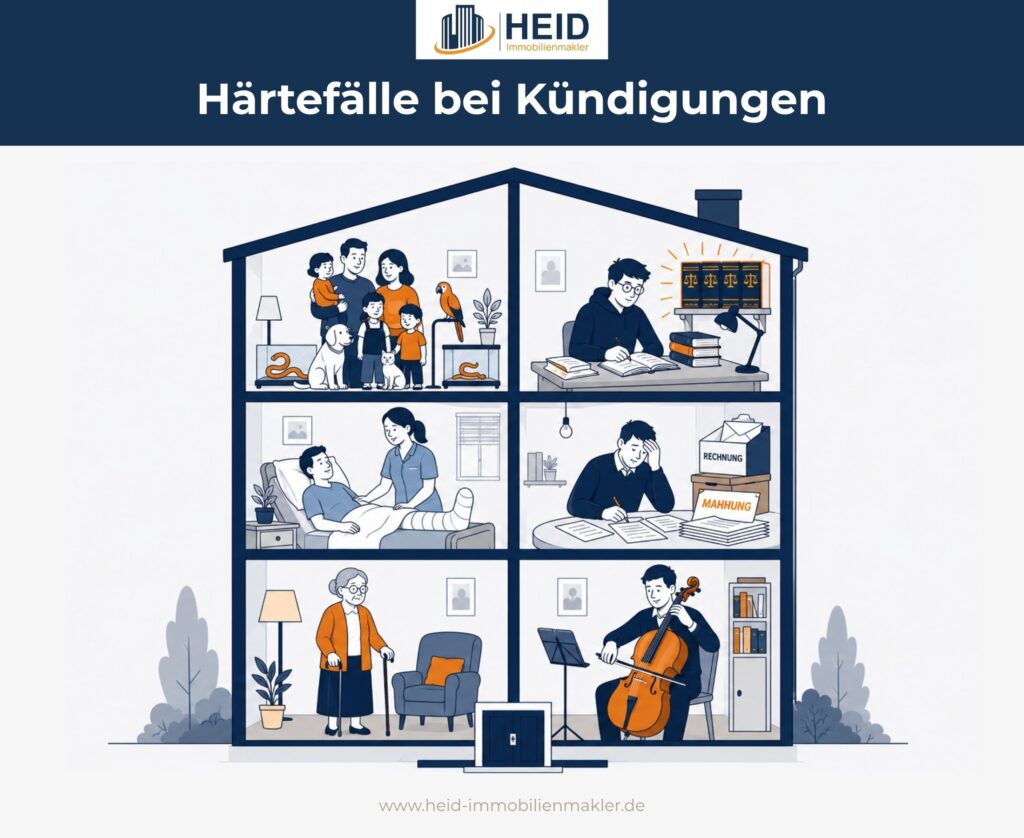 Härtefälle bei Kündigungen: Senioren mit Verwurzelung, Musiker, große Familien mit Haustieren, Prüfungen, kranke und pflegebedürftige Menschen, einkommensschwache Mieter