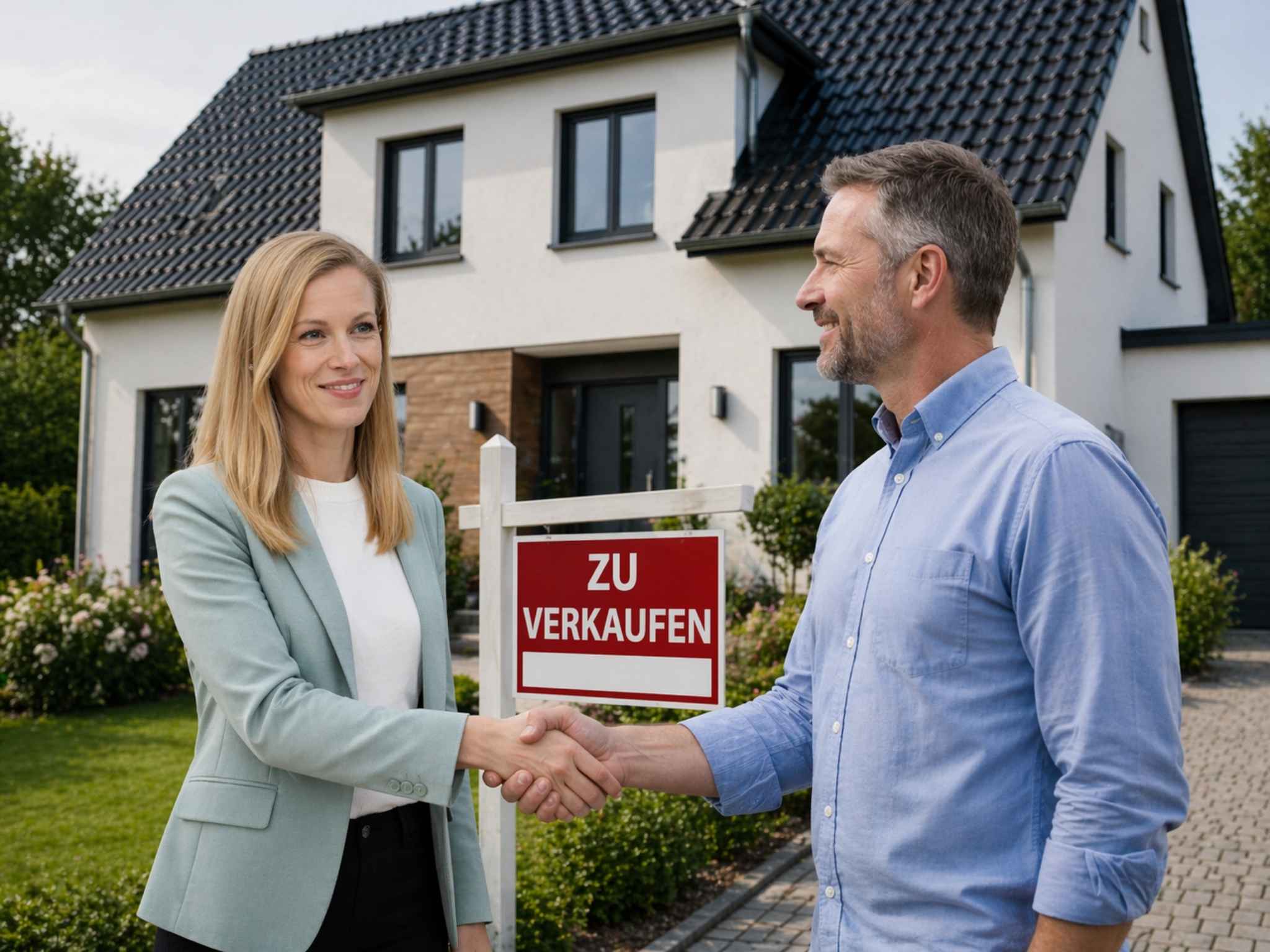 Katharina Heid begrüßt als Maklerin einen Kaufinteressenten zur Besichtigung
