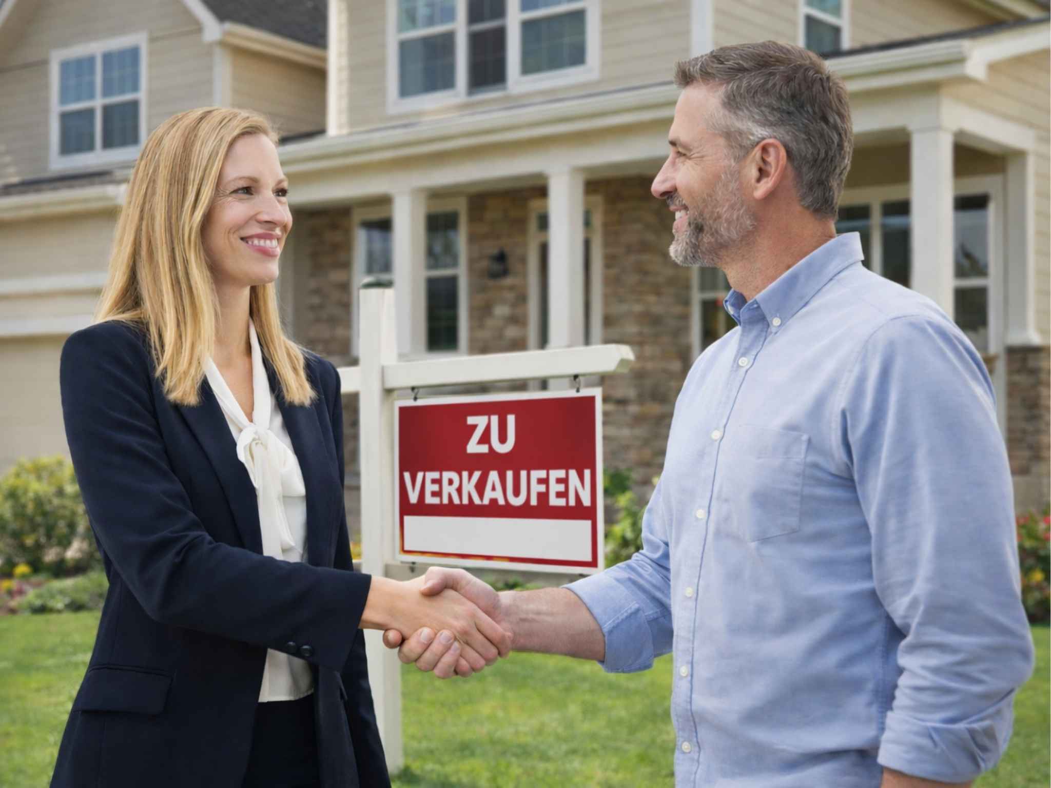 Immobilienmaklerin Katharina Heid begr&uuml;&szlig;t einen Hauskaufinteressenten vor der angebotenen Immobilie.