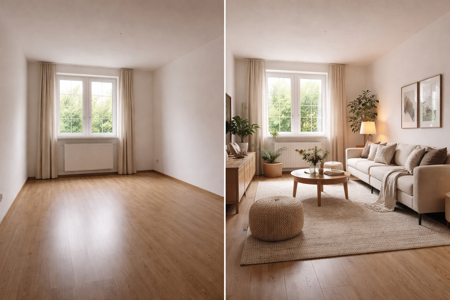 Vergleichsbild zwischen leerem Zimmer und Home Staging
