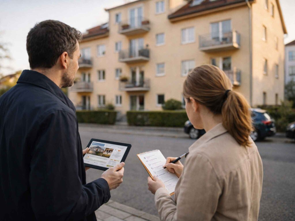 Ein Paar sieht sich ein als Kapitalanlage geeignetes Mehrfamilienhaus an