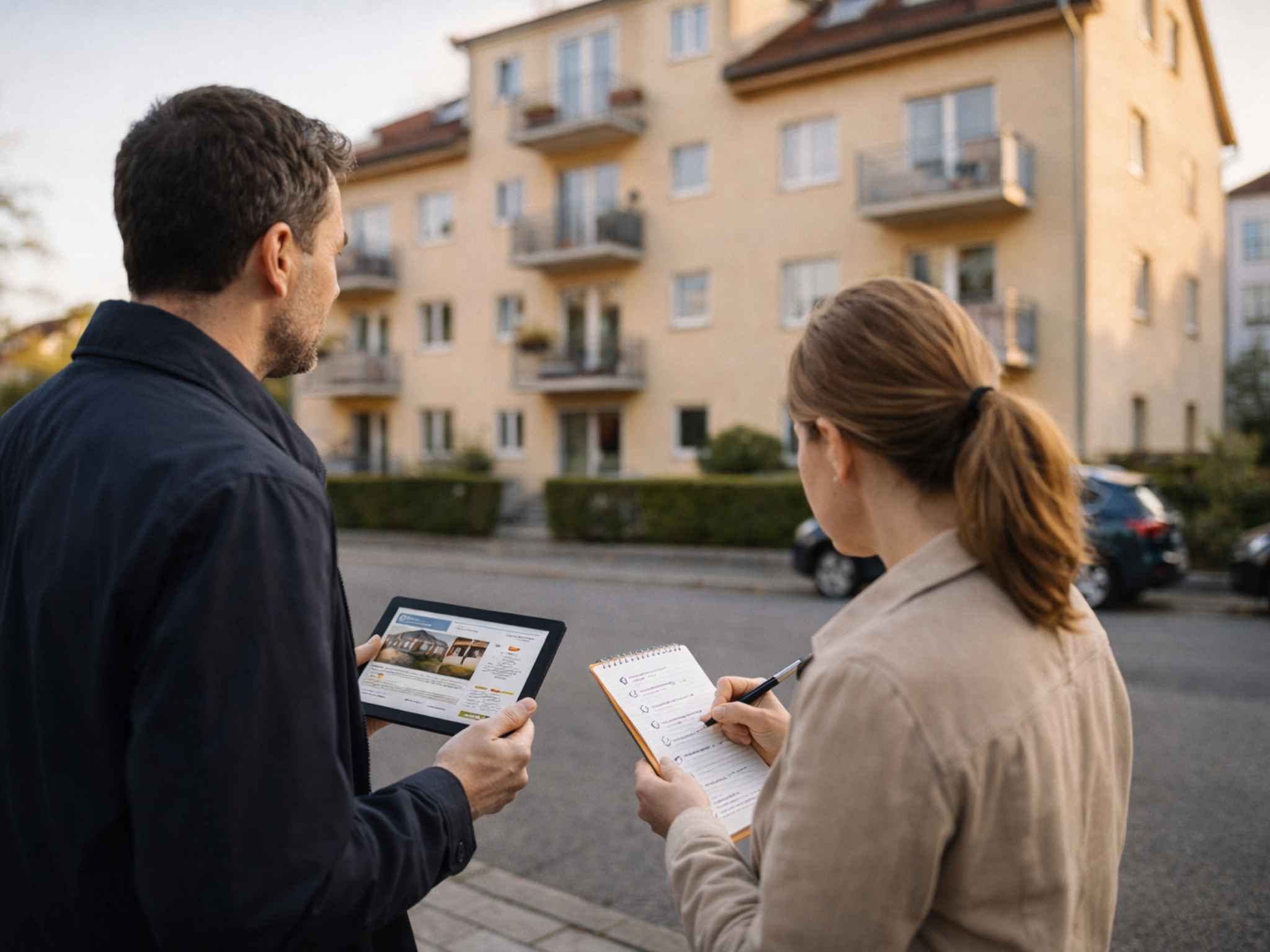 Ein Paar sieht sich ein als Kapitalanlage geeignetes Mehrfamilienhaus an