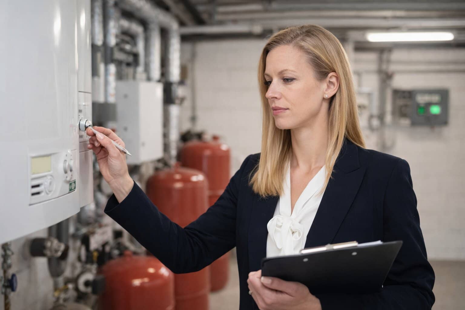 Katharina Heid inspiziert die Heizungsanlage im Rahmen einer kostenlosen Immobilienbewertung.