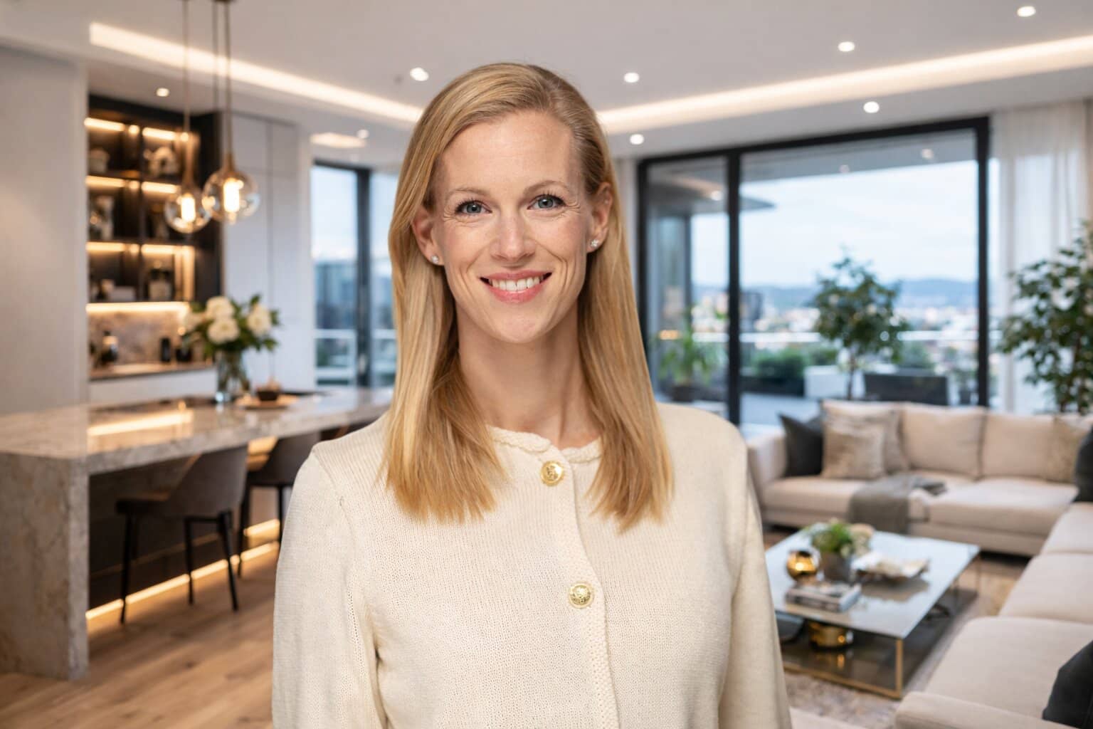 Katharina Heid in einer Luxuswohnung, die sie verkauft.