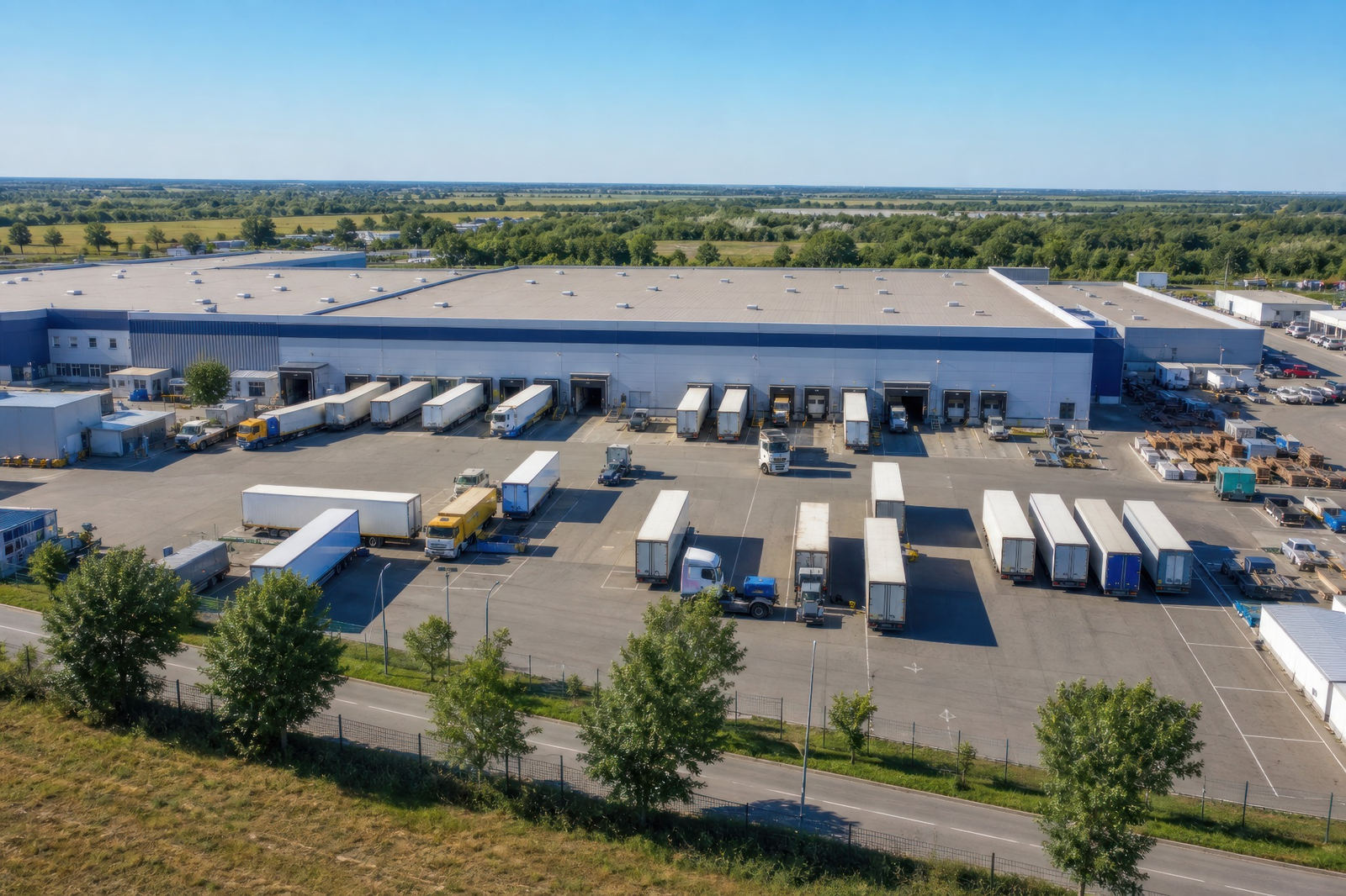 Luftaufnahme einer großen Logistikimmobilie mit Lagerhalle, Laderampen und LKW auf dem Betriebsgelände