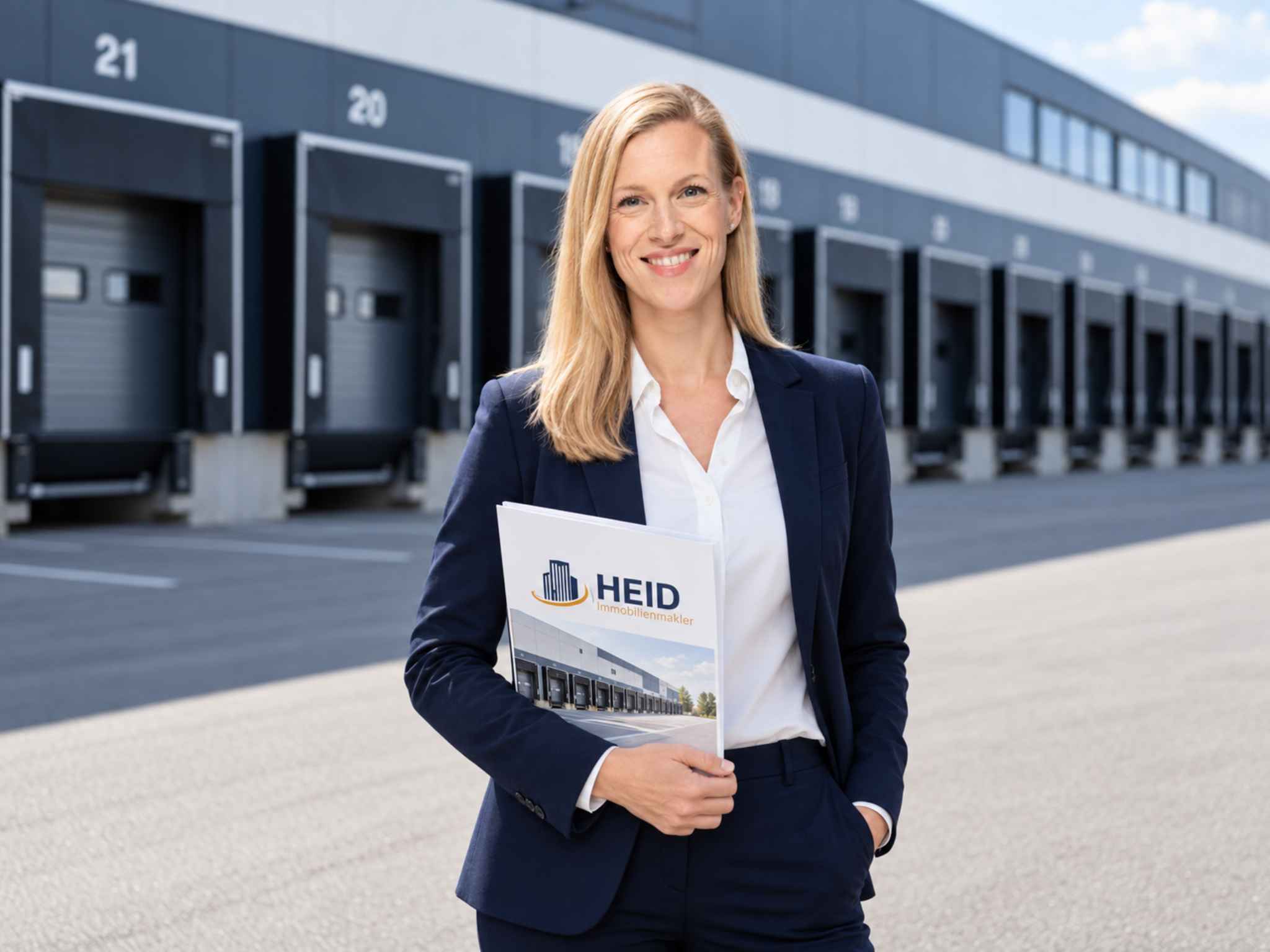 Logistikmaklerin Katharina Heid vor einer Logistikimmobilie.
