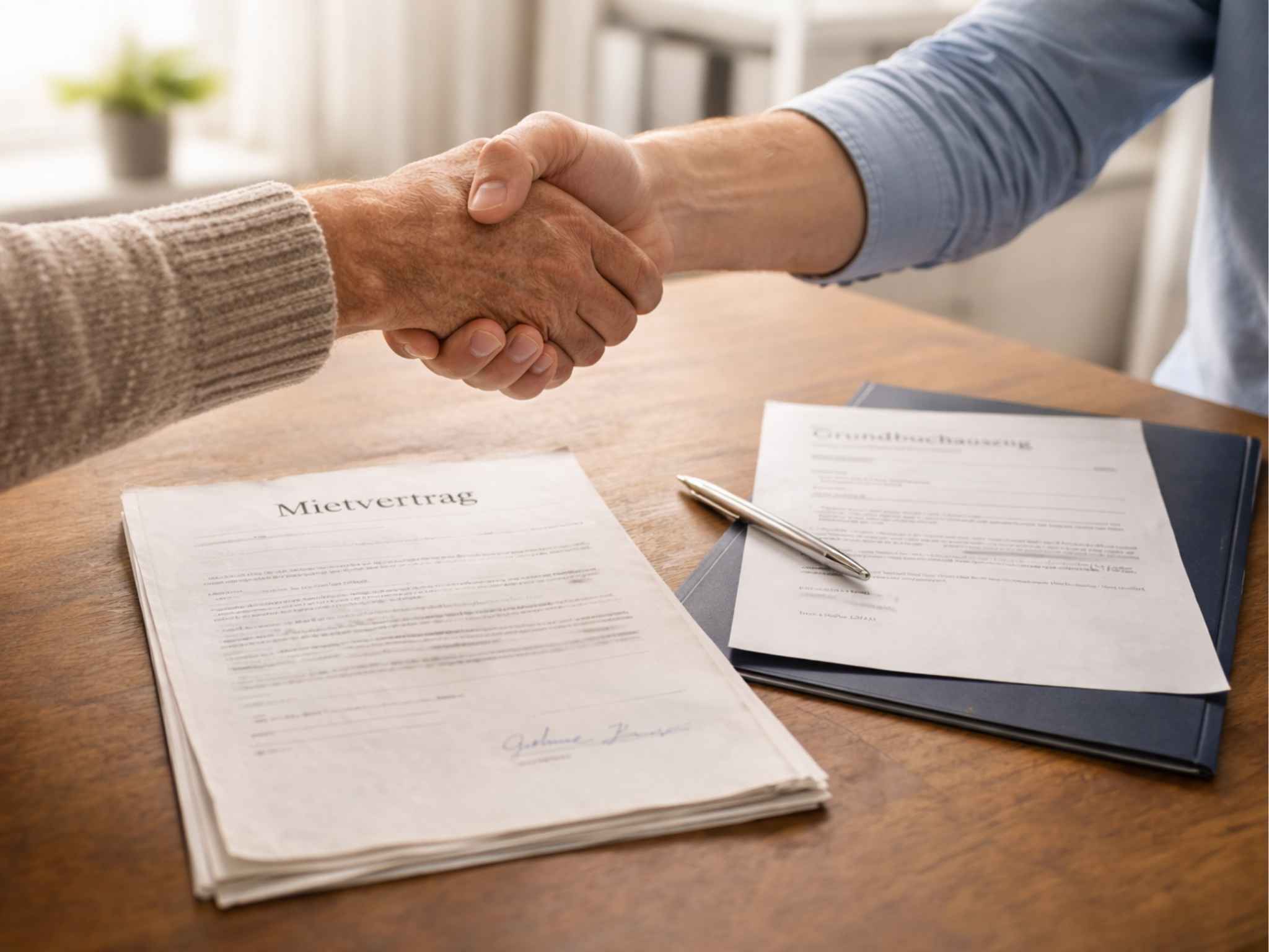 Handschlag über Ausfertigungen von Mietvertrag und Grundbuchauszug