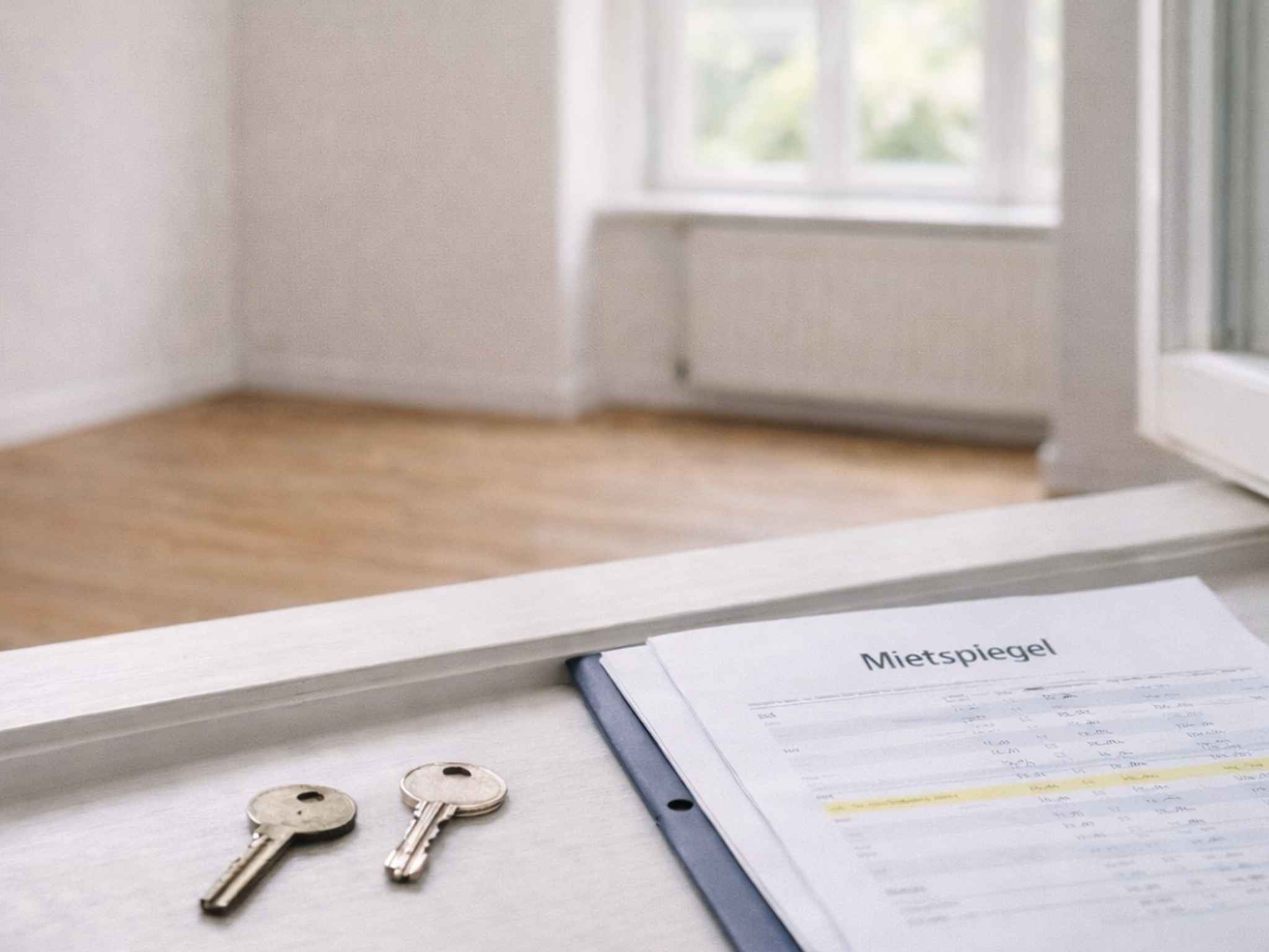 Mietspiegel mit Wohnungsschlüsseln in leerer Wohnung