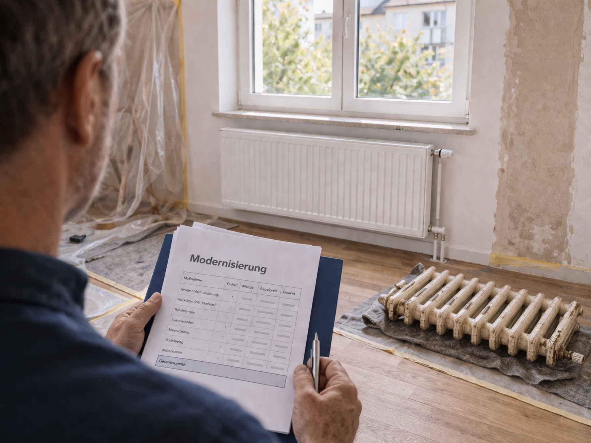 Mann schaut sich modernisierten Heizungskörper in einer Wohnung an