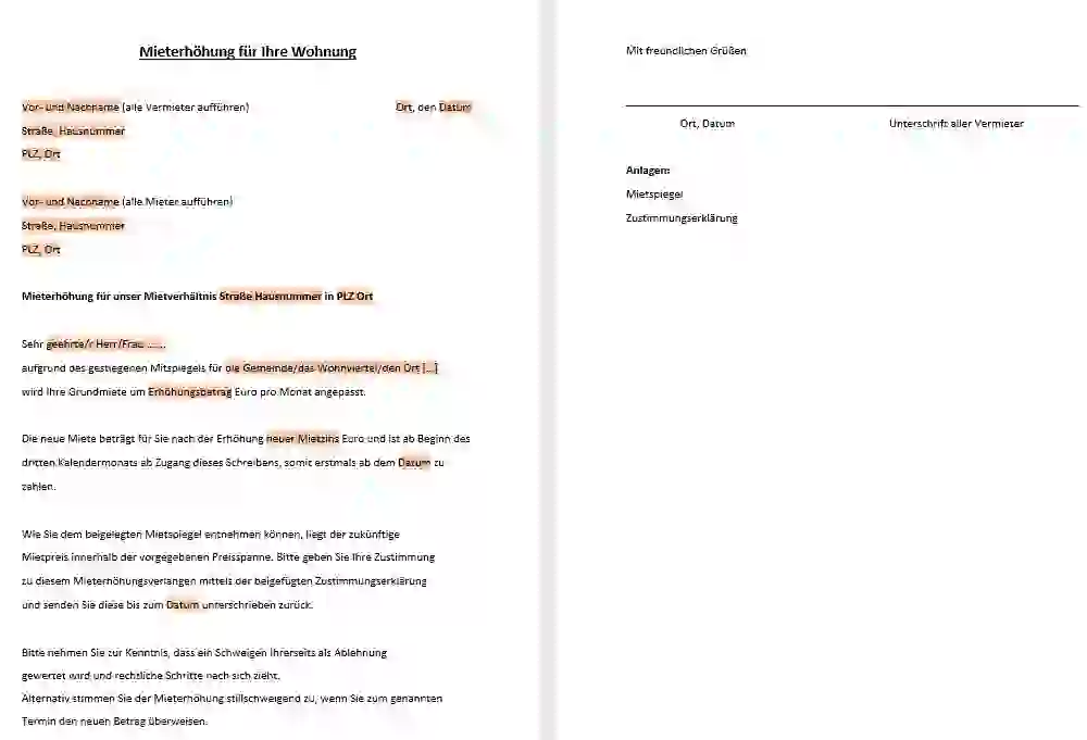 Musterschreiben für eine Mieterhöhung mit Platzhaltern für Adressen, Mietbetrag, Datum und Unterschriften.