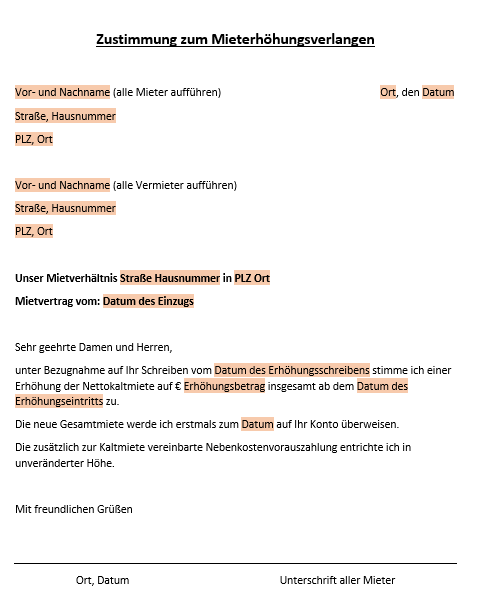 Vorlage für eine schriftliche Zustimmung zur Mieterhöhung mit Feldern für Mieterdaten, Miethöhe und Unterschrift.