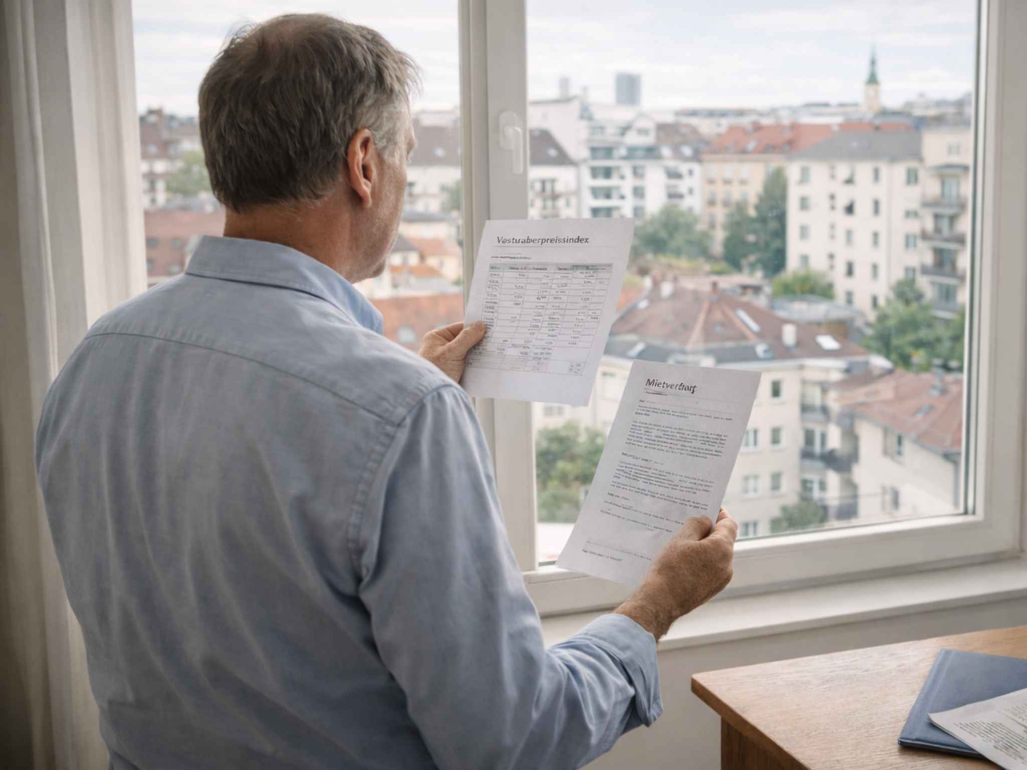 Mann vergleicht Mietvertrag und Daten zu Verbraucherpreisindex
