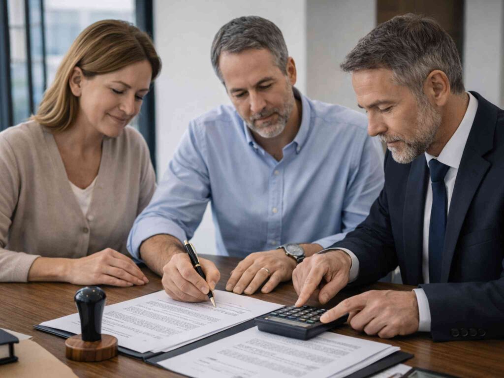 Paar und Notar bei der Unterschrift unter einen Immobilienkaufvertrag