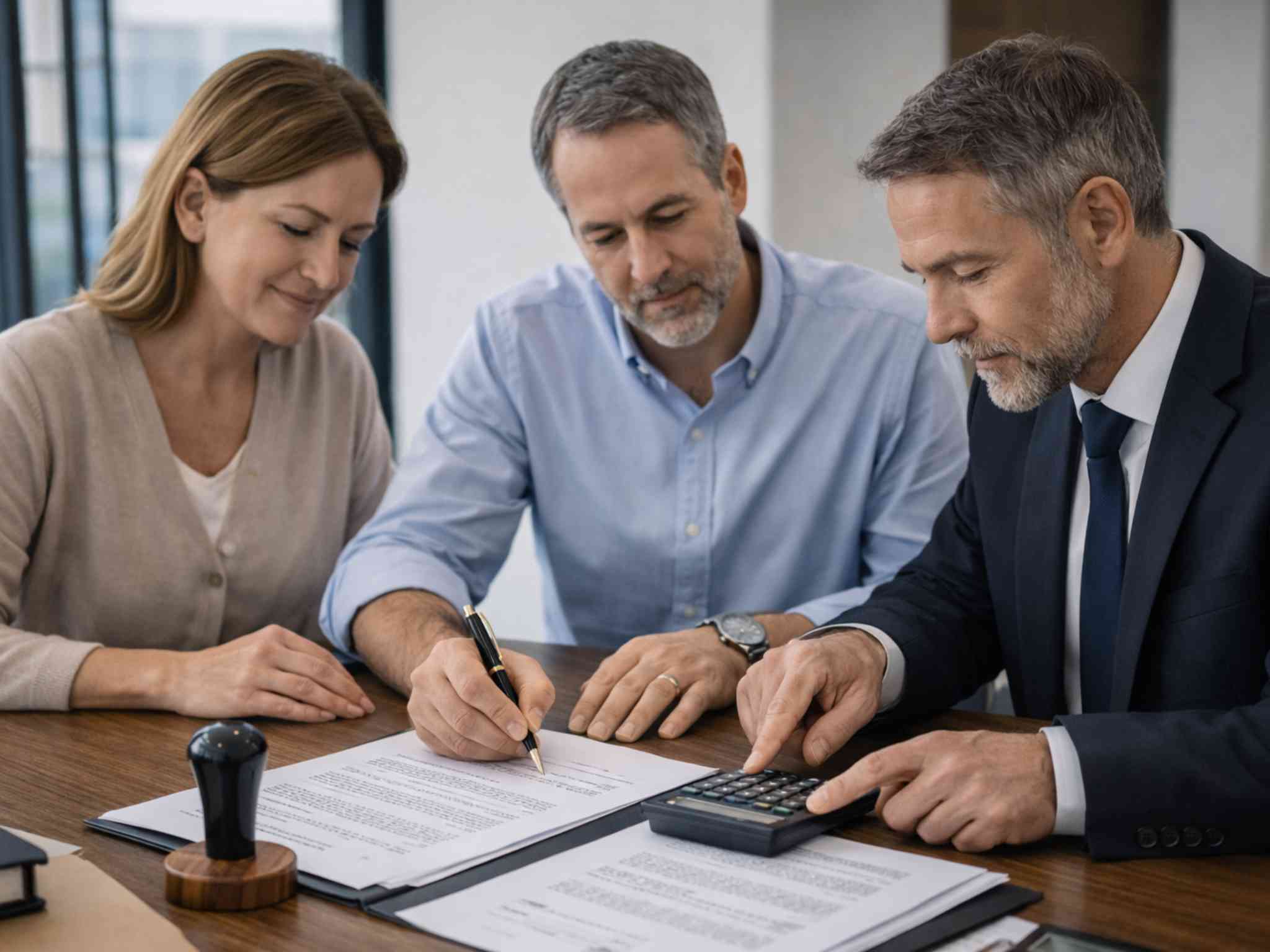 Paar und Notar bei der Unterschrift unter einen Immobilienkaufvertrag