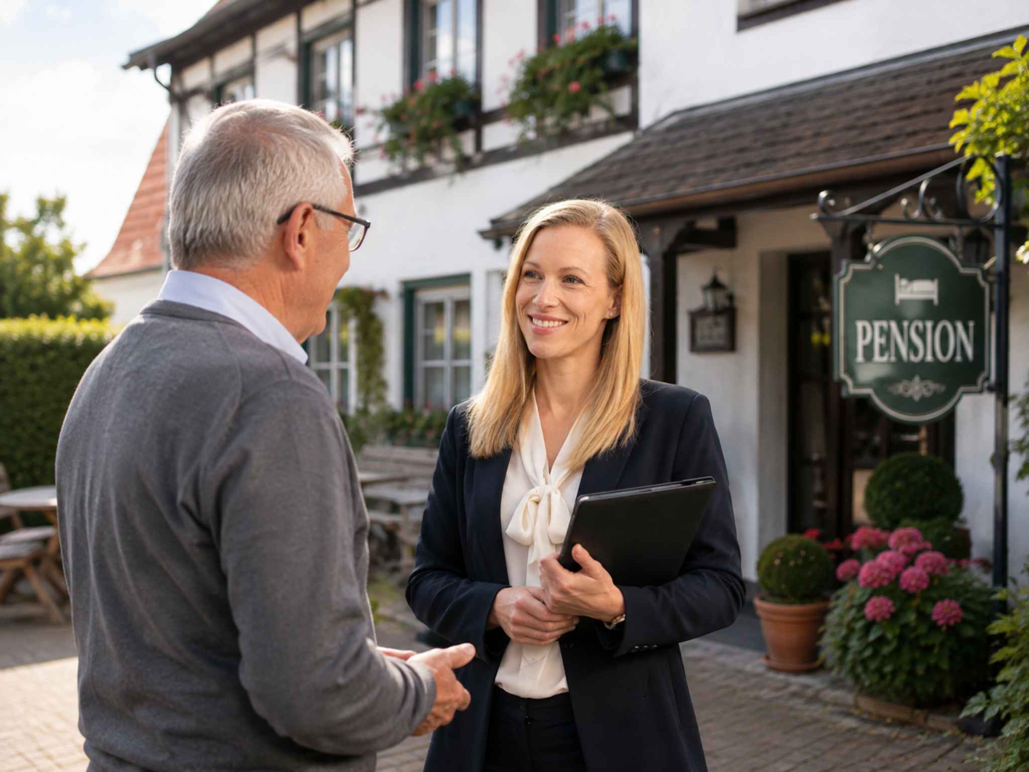 Katharina Heid im Gespräch mit einem Eigentümer vor einer Pension.