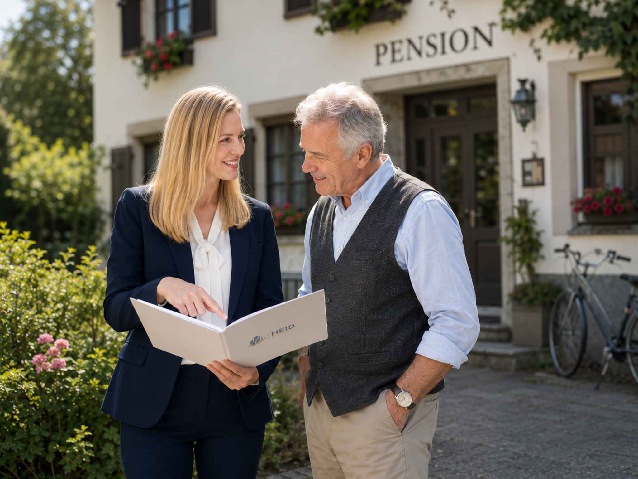 Katharina Heid mit einem Eigentümer vor einer Pension beim Verkaufsgespräch.