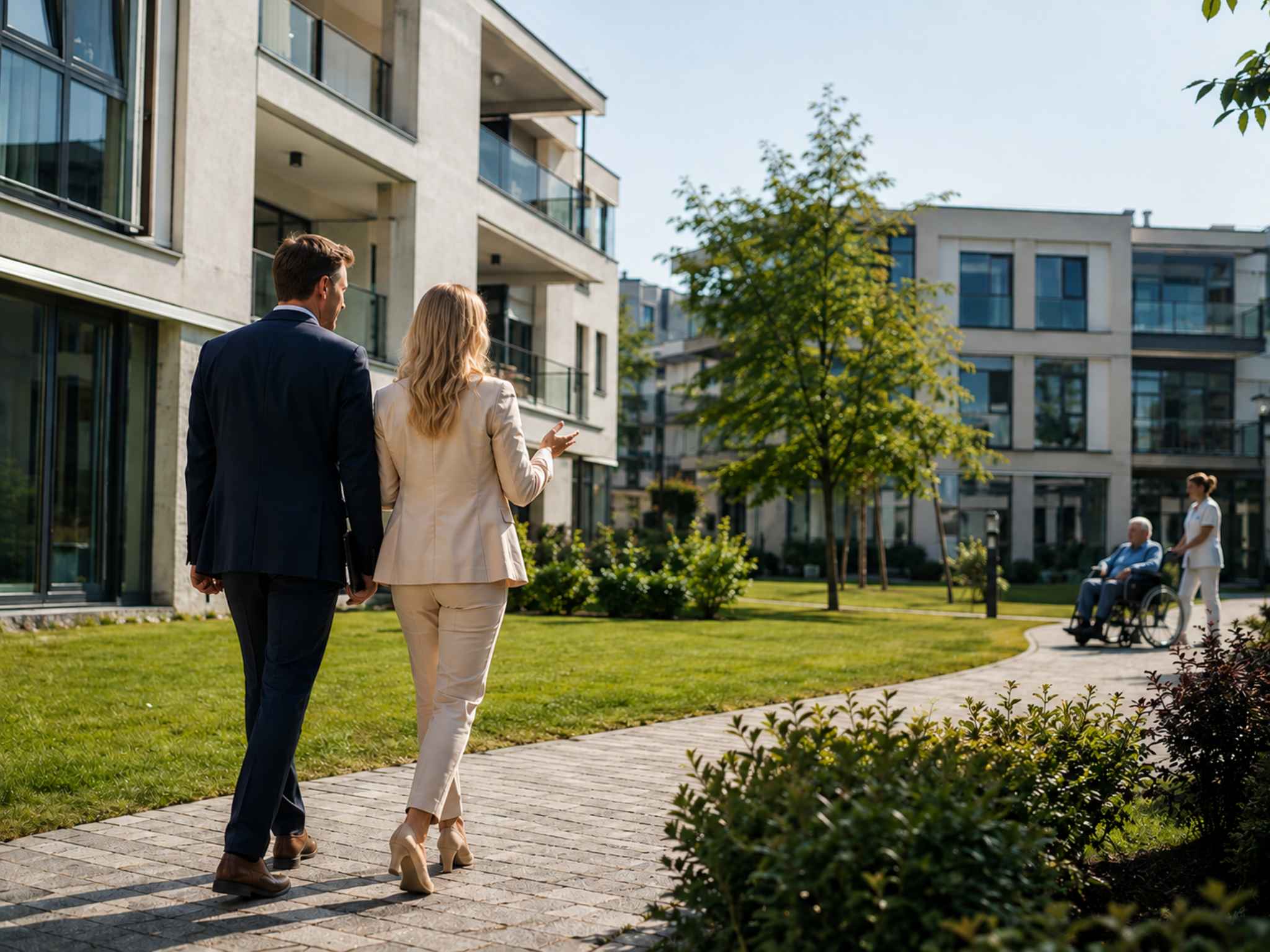 Moderne Pflegeimmobilie mit Grünanlage und Pflegekraft im Außenbereich.