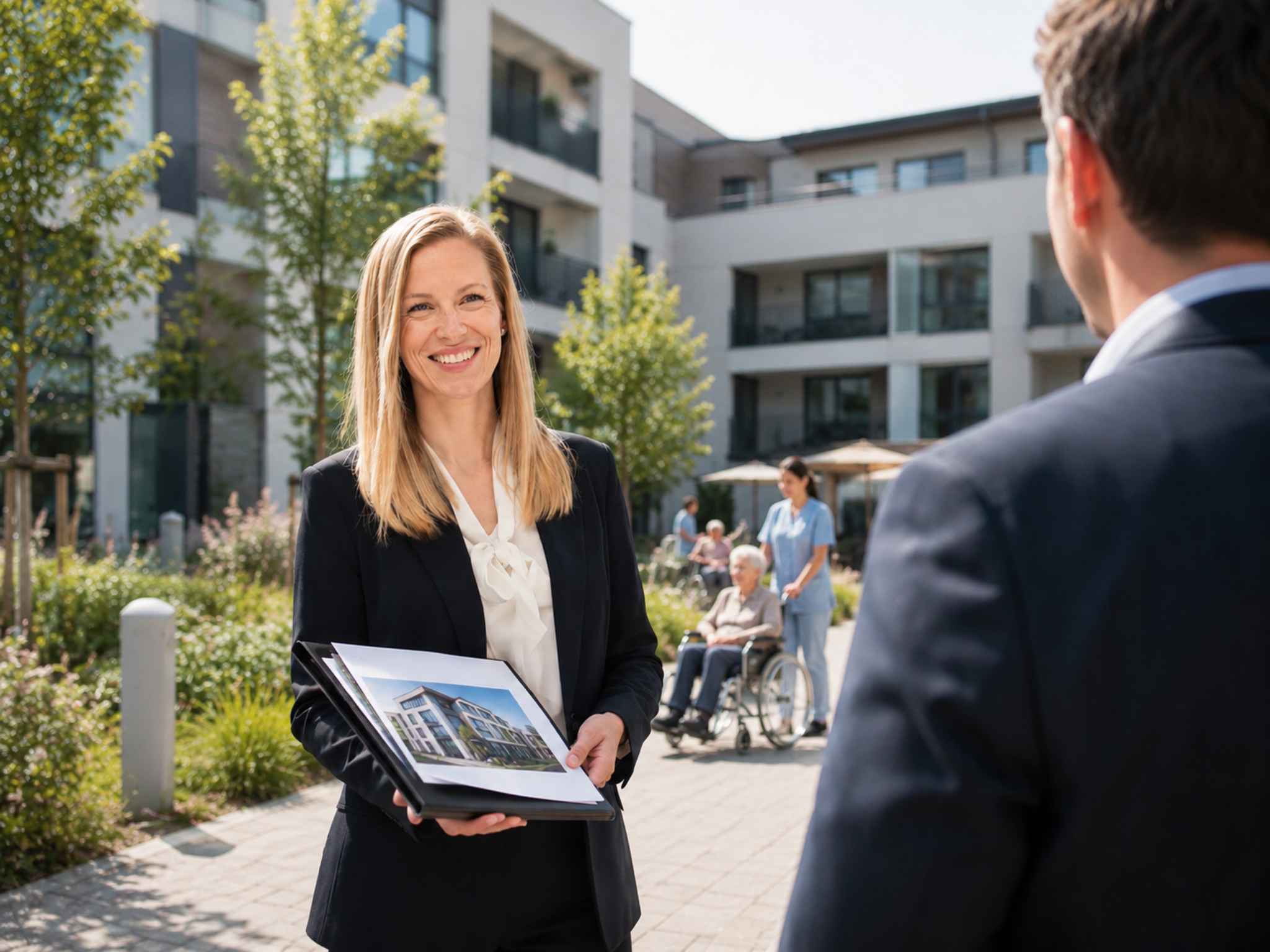 Katharina Heid mit Immobilienunterlagen vor einer Pflegeimmobilie.