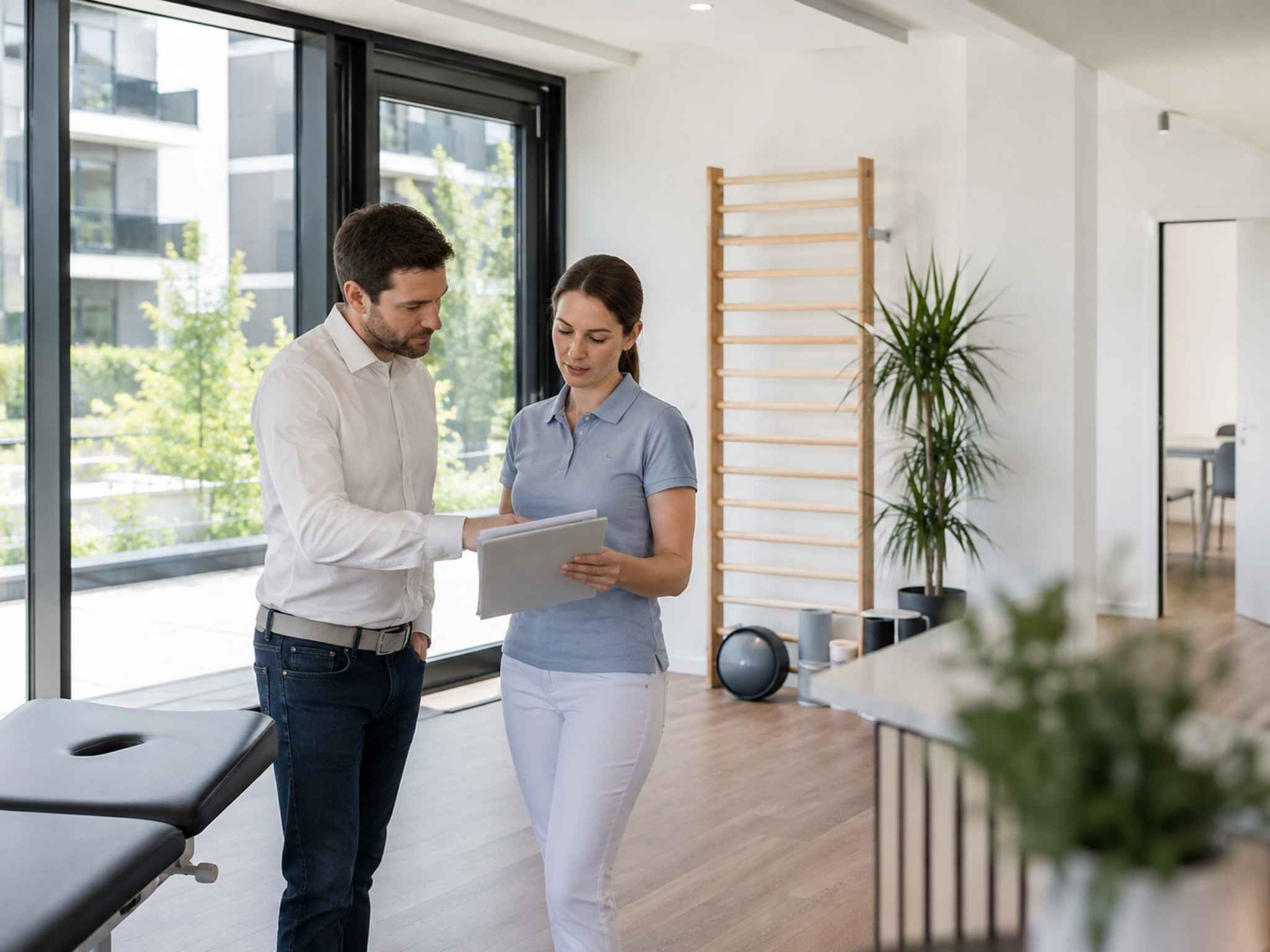 Besichtigung einer Physiotherapiepraxis mit Unterlagen zur Vermietung.