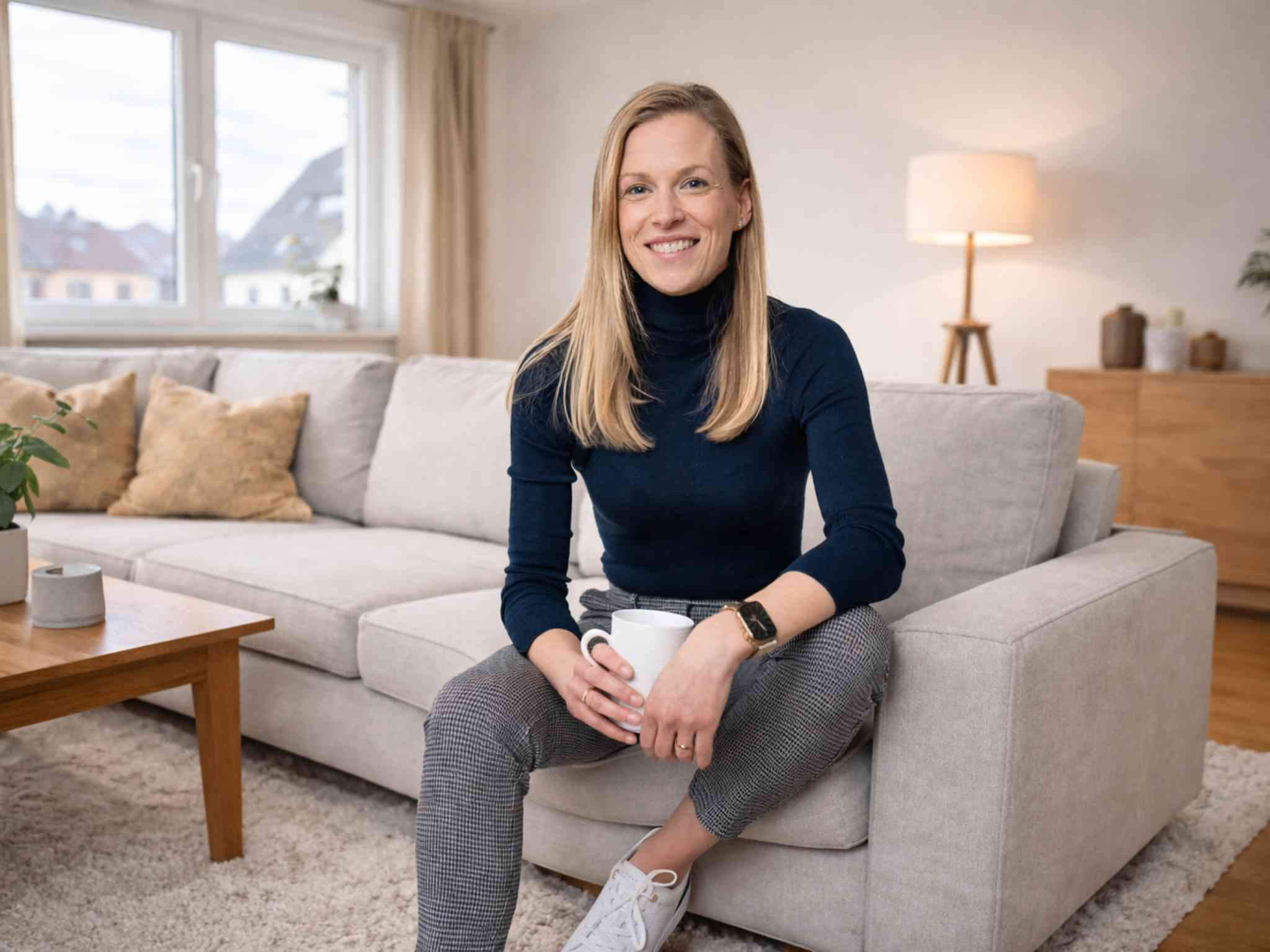 Katharina Heid im Wohnzimmer einer Eigentumswohnung
