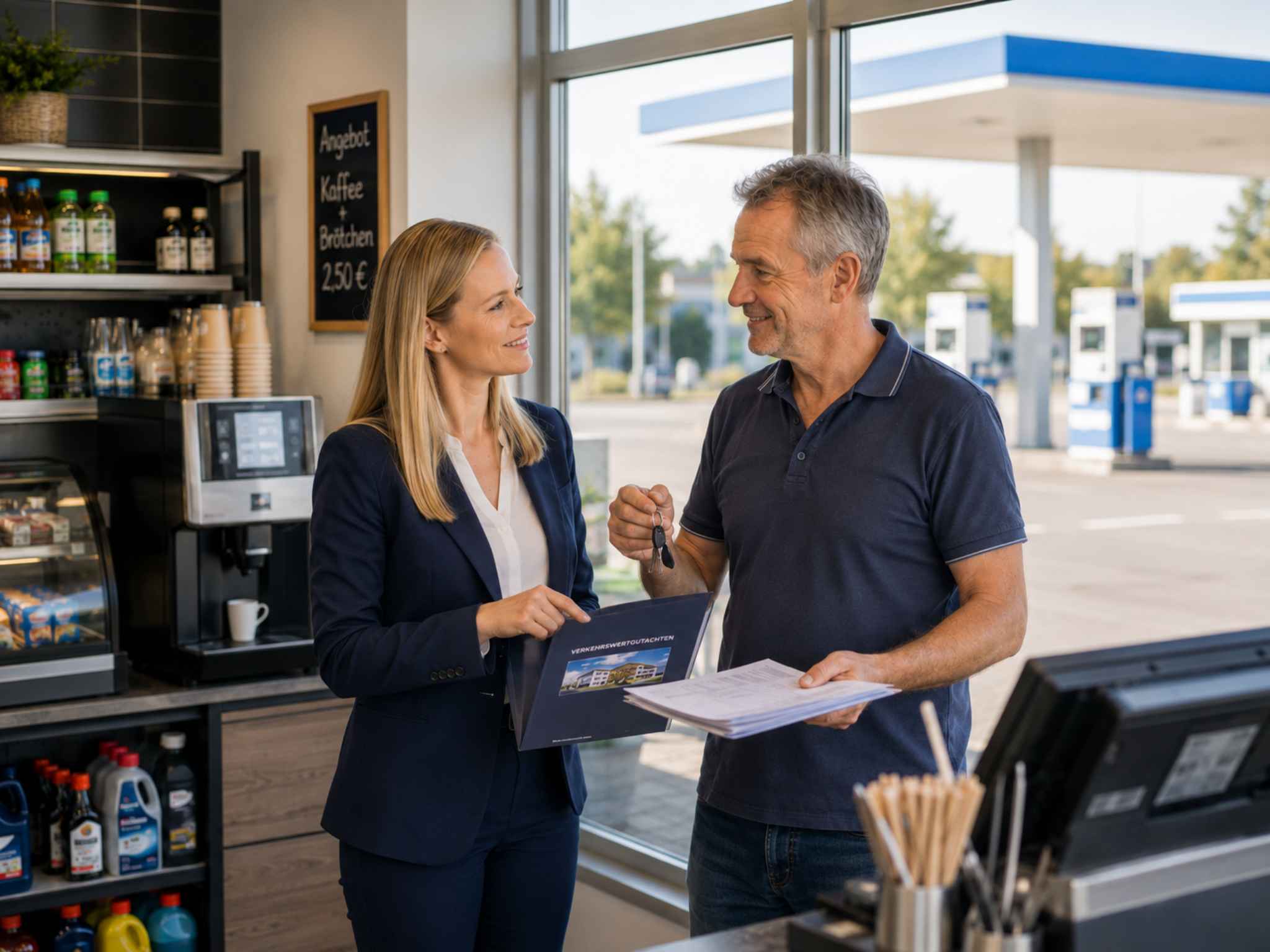 Katharina Heid mit einem Tankstelleneigentümer bei der Übergabe von Verkaufsunterlagen.