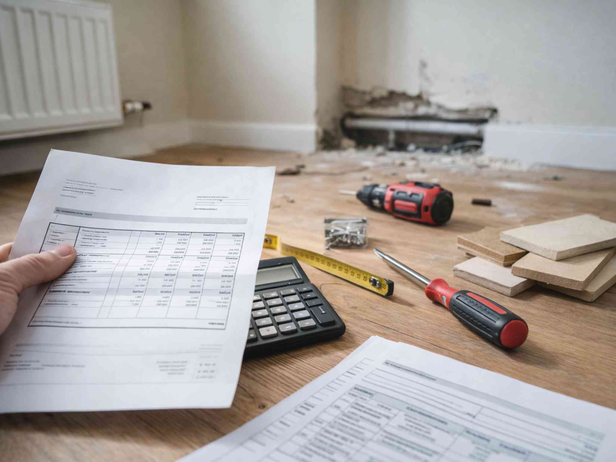 Rechnung über Handwerkerleistungen mit offener Wand und sichtbarem Rohr im Hintergrund