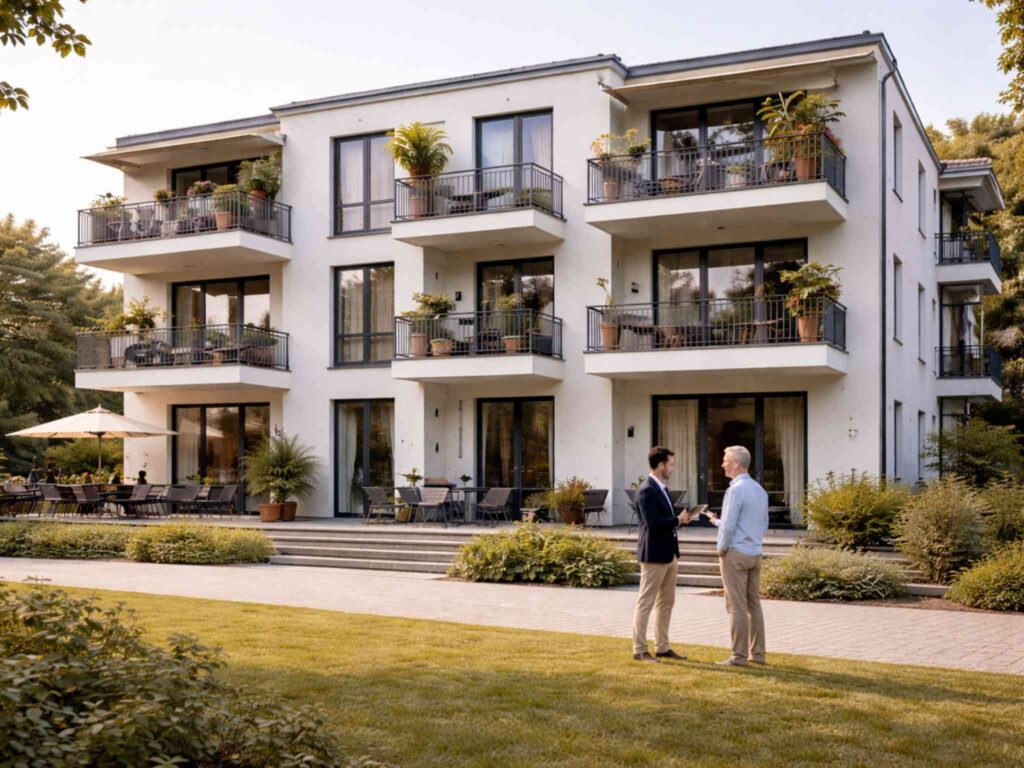 Makler und Interessent vor einem Gebäude mit mehreren Wohneinheiten