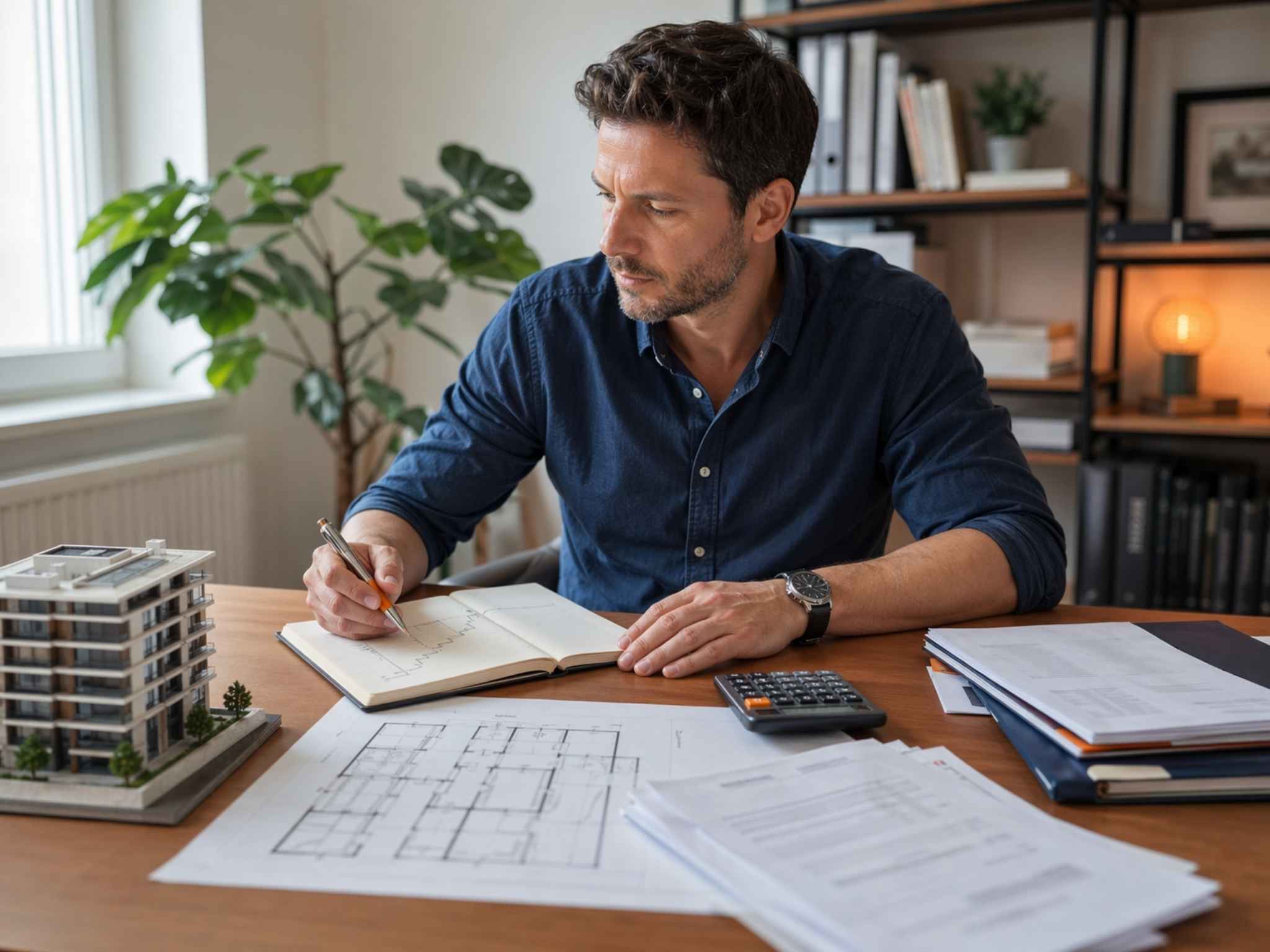 Ein Mann sitzt an einem Schreibtisch und berechnet die Abschreibung einer Wohnung